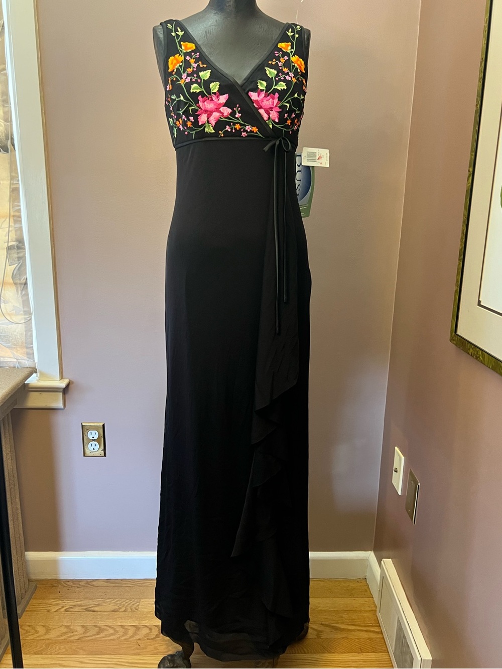 Y2K Deadstock Dusk Embroidered Halter Floral Maxi Cocktail Dress S 4/6 Mexican